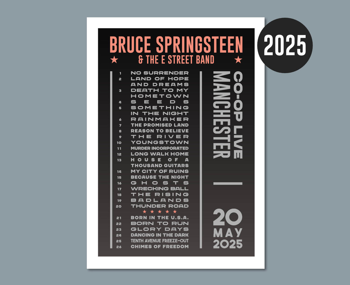 Bruce Springsteen 2025 Dark Tour Setlist Poster