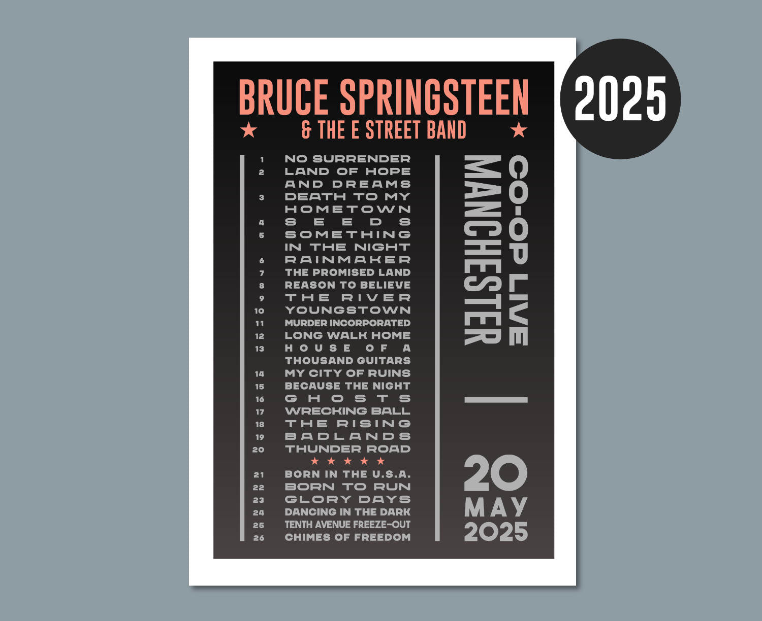 Bruce Springsteen 2025 Dark Tour Setlist Poster