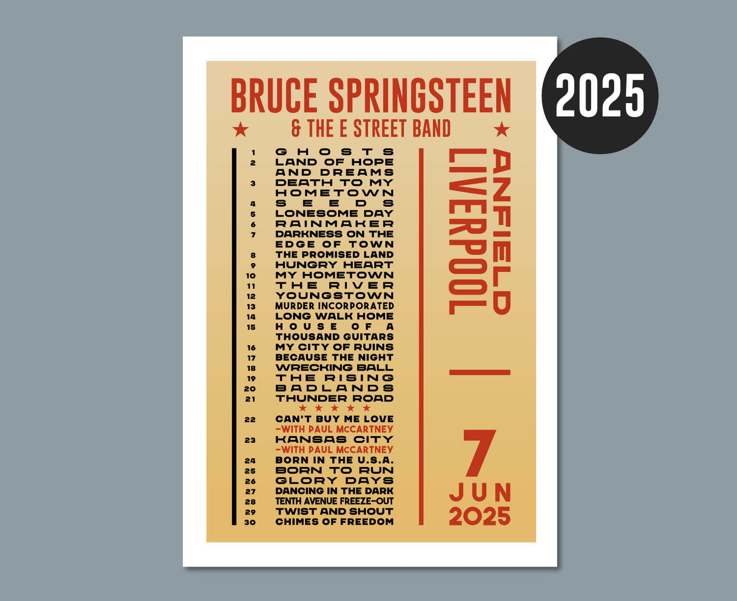 Bruce Springsteen UK 2025 Tour Setlist Poster Liverpool