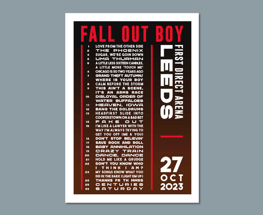 Fall Out Boy 2023 UK Tour Setlist Poster