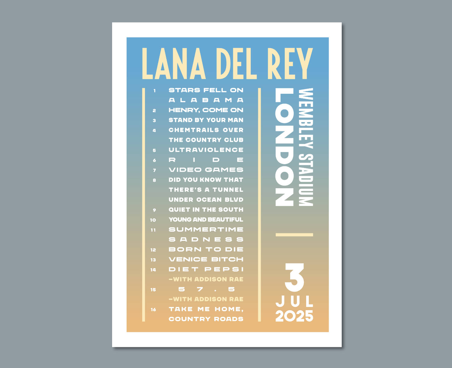 Lana Del Rey 2025 UK Tour Setlist Poster – Stadium London Cardiff
