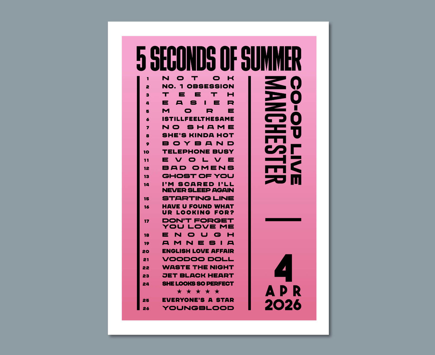 5 Seconds of Summer 2026 Tour Setlist Print Design