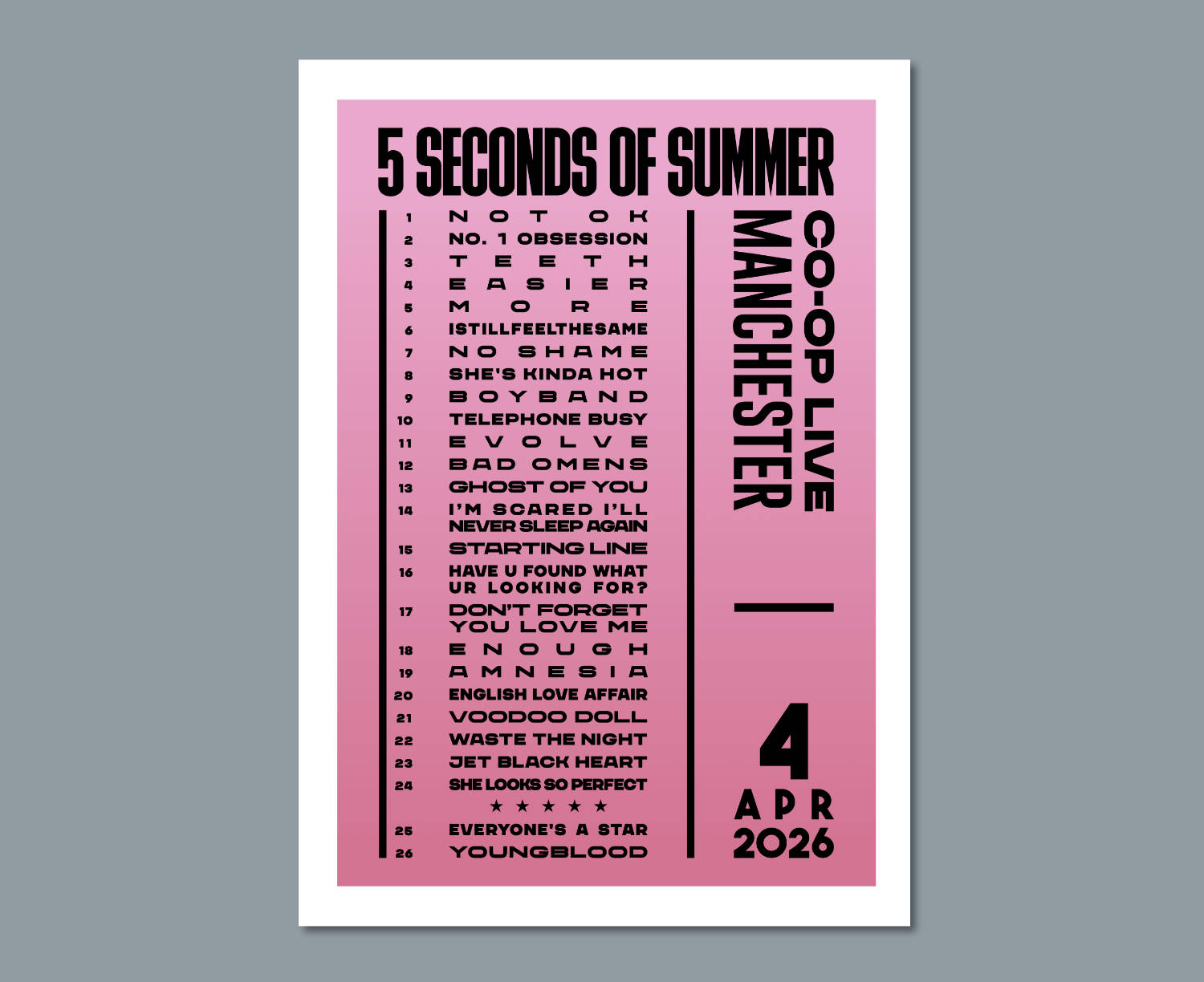 5 Seconds of Summer 2026 Tour Setlist Print Design