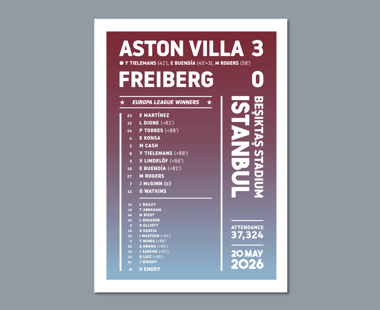 Aston Villa 2026 Europa League Final Lineup Design