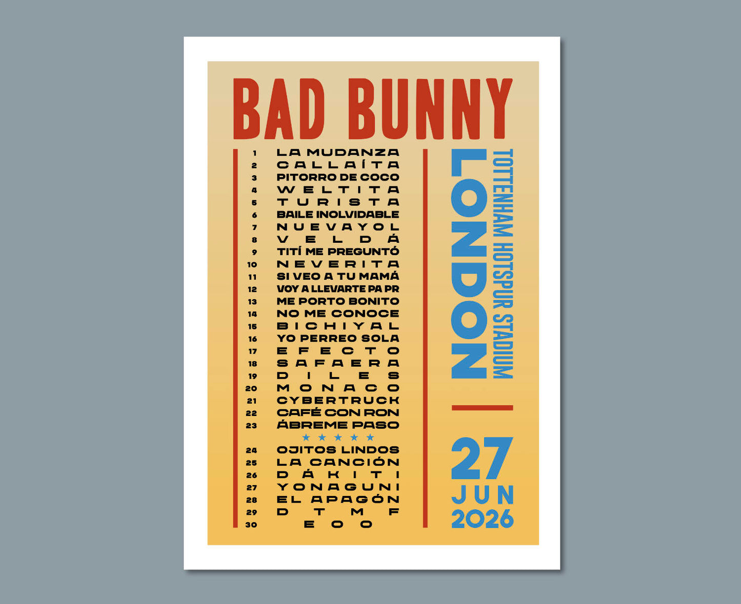 Bad Bunny 2026 Tottenham London Setlist Poster