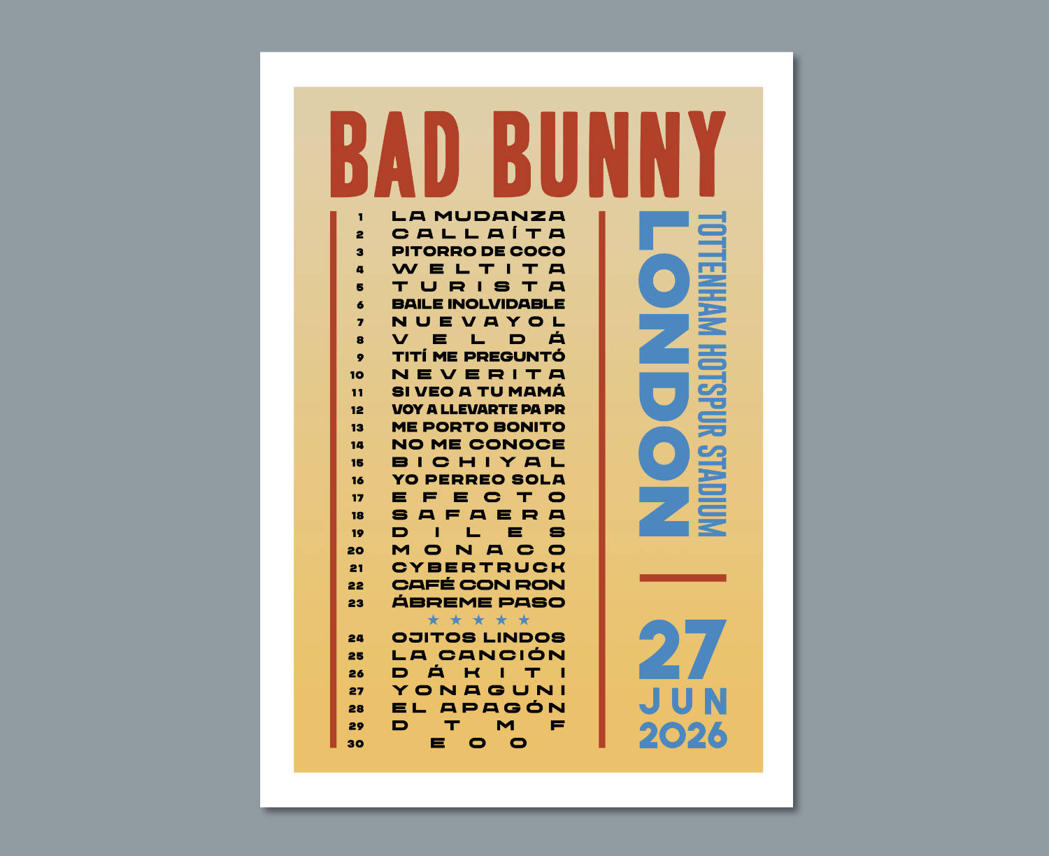 Bad Bunny 2026 Tottenham London Setlist Poster