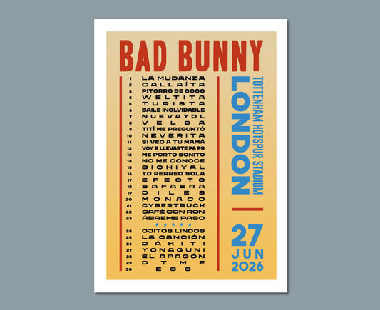 Bad Bunny 2026 Tottenham London Setlist Poster