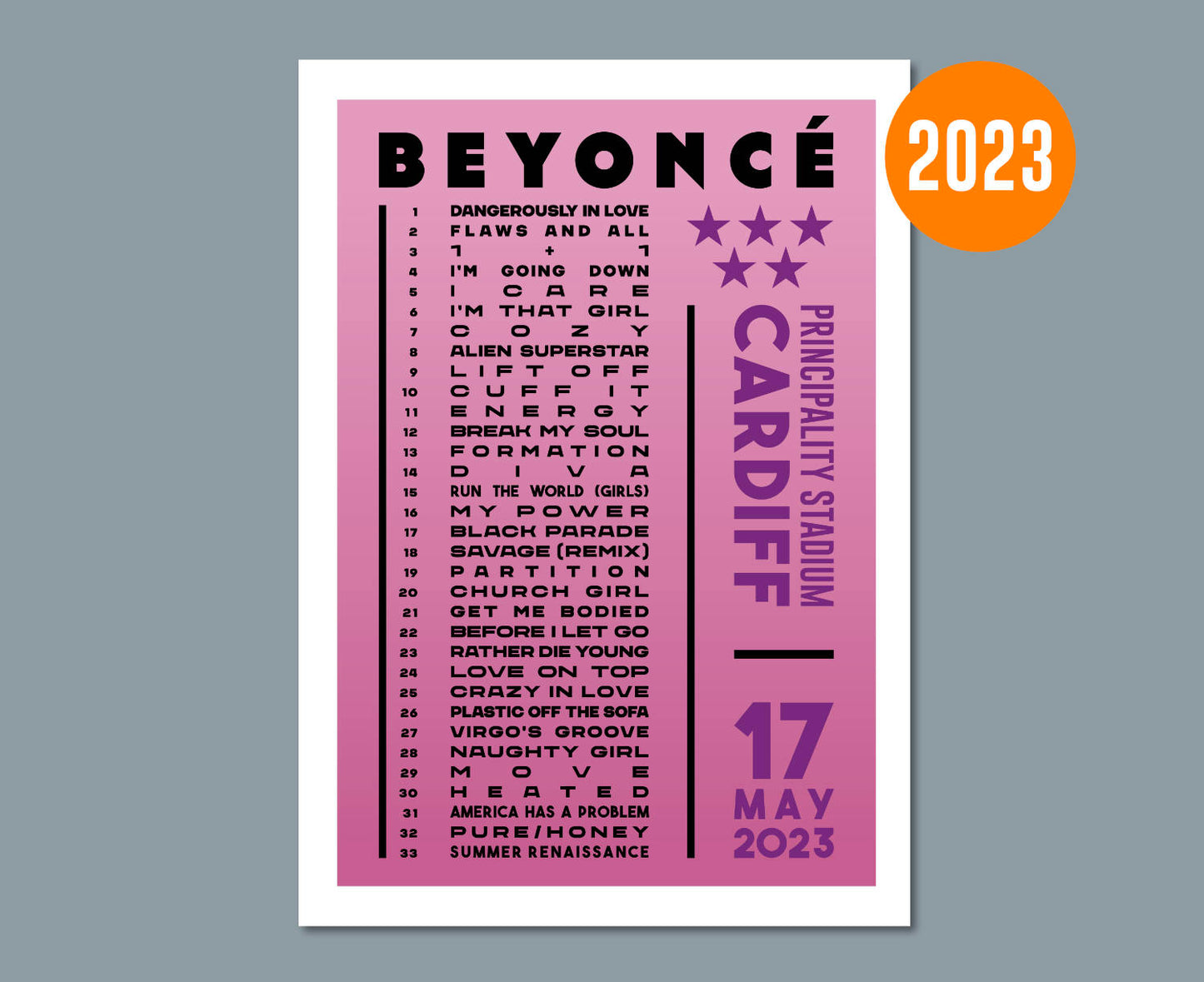 Beyonce 2023 UK Tour Setlist Poster Design