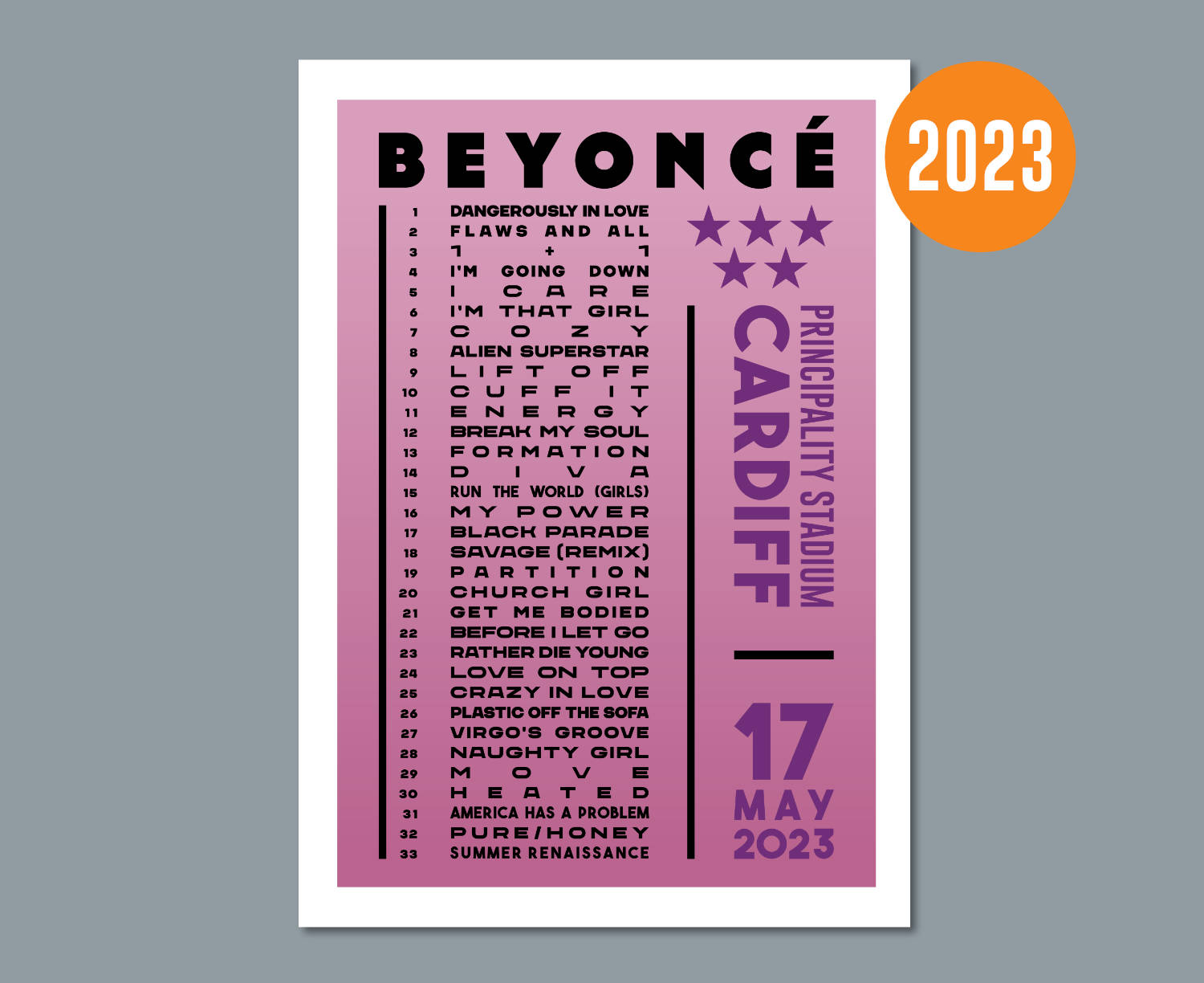 Beyonce 2023 UK Tour Setlist Poster Design
