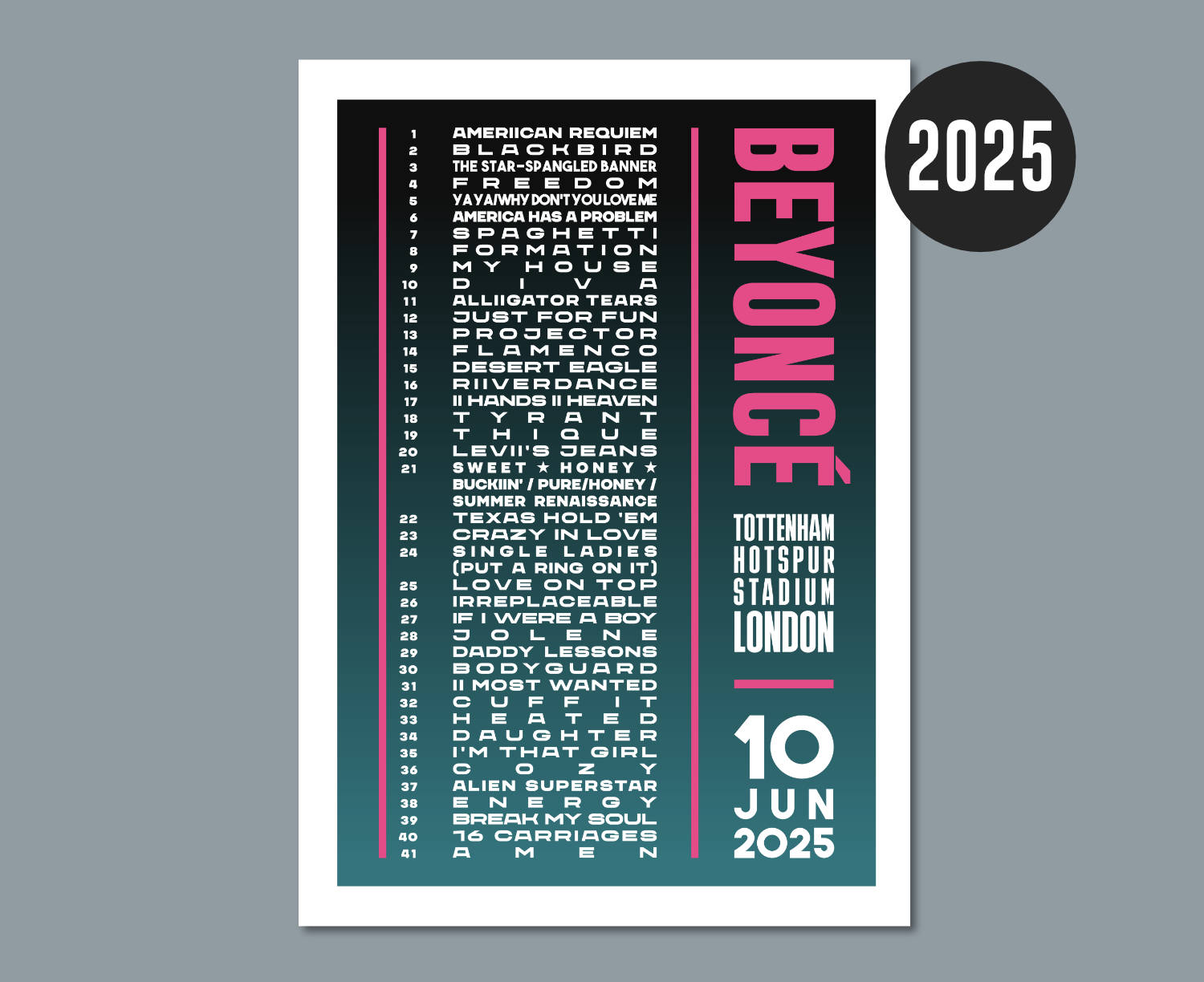 Beyonce 2025 London Setlist Poster Design