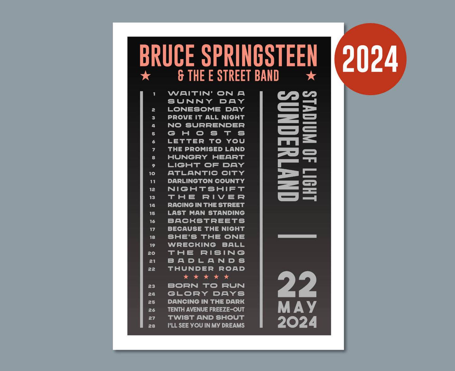 Bruce Springsteen 2024 UK Tour Setlist Dark Poster