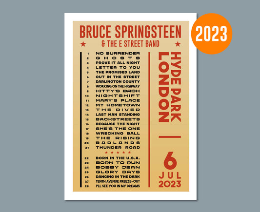 Bruce Springsteen 2023 UK Tour Setlist Poster