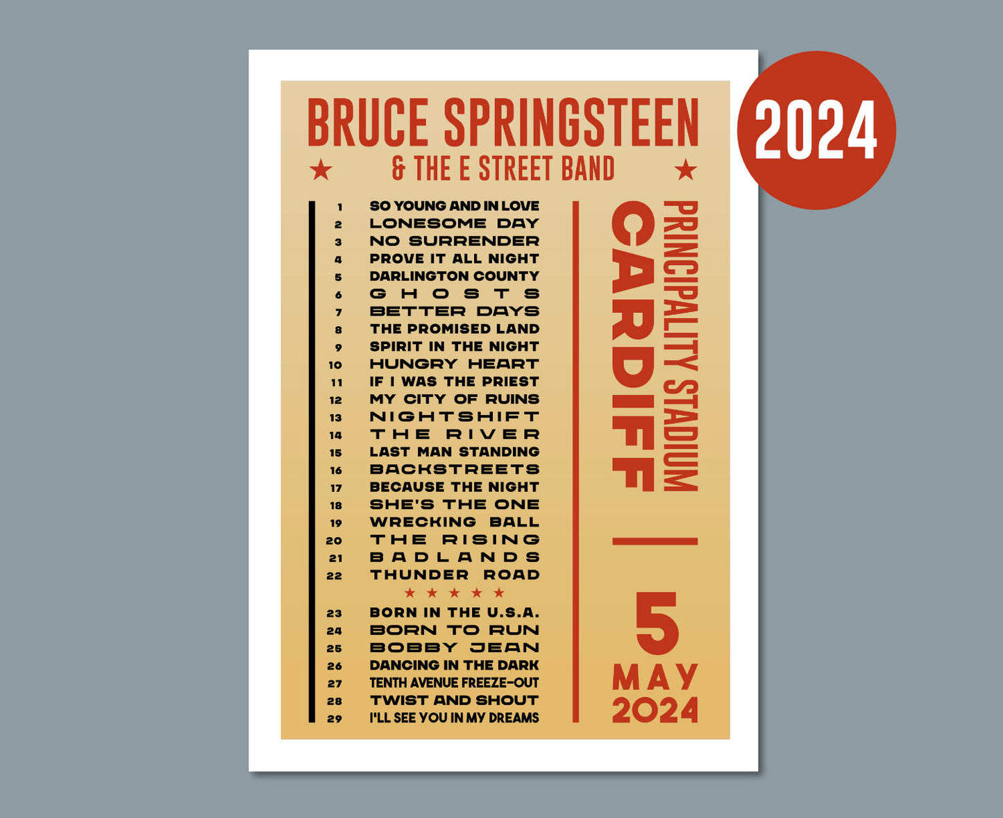 Bruce Springsteen 2024 Tour Setlist Poster