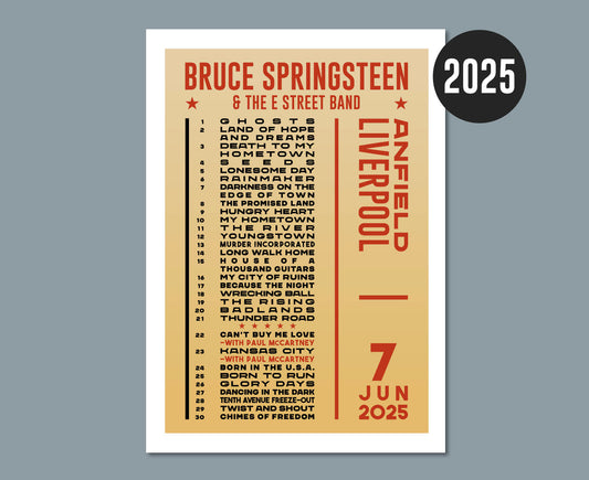 Bruce Springsteen UK 2025 Tour Setlist Poster Liverpool