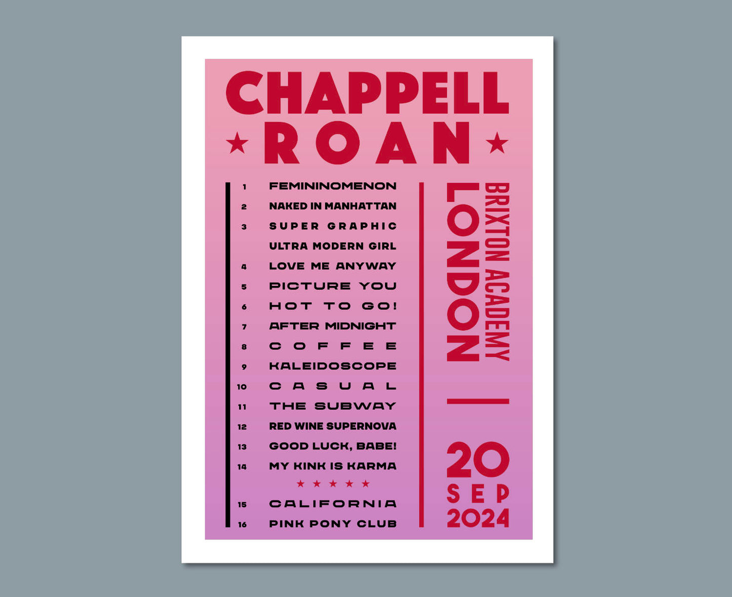 Chappell Roan 2024 Tour Setlist Poster