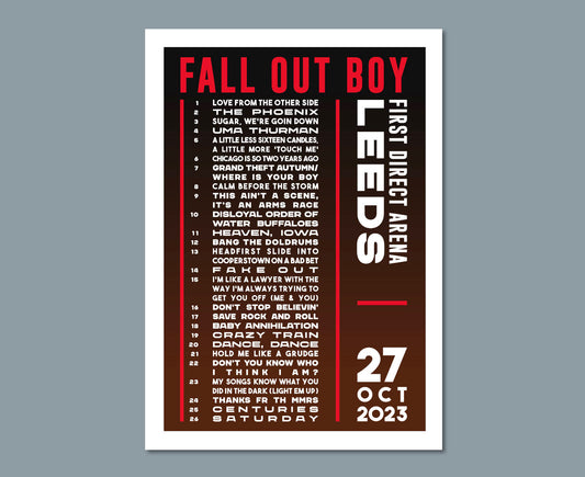 Fall Out Boy 2023 UK Tour Setlist Poster