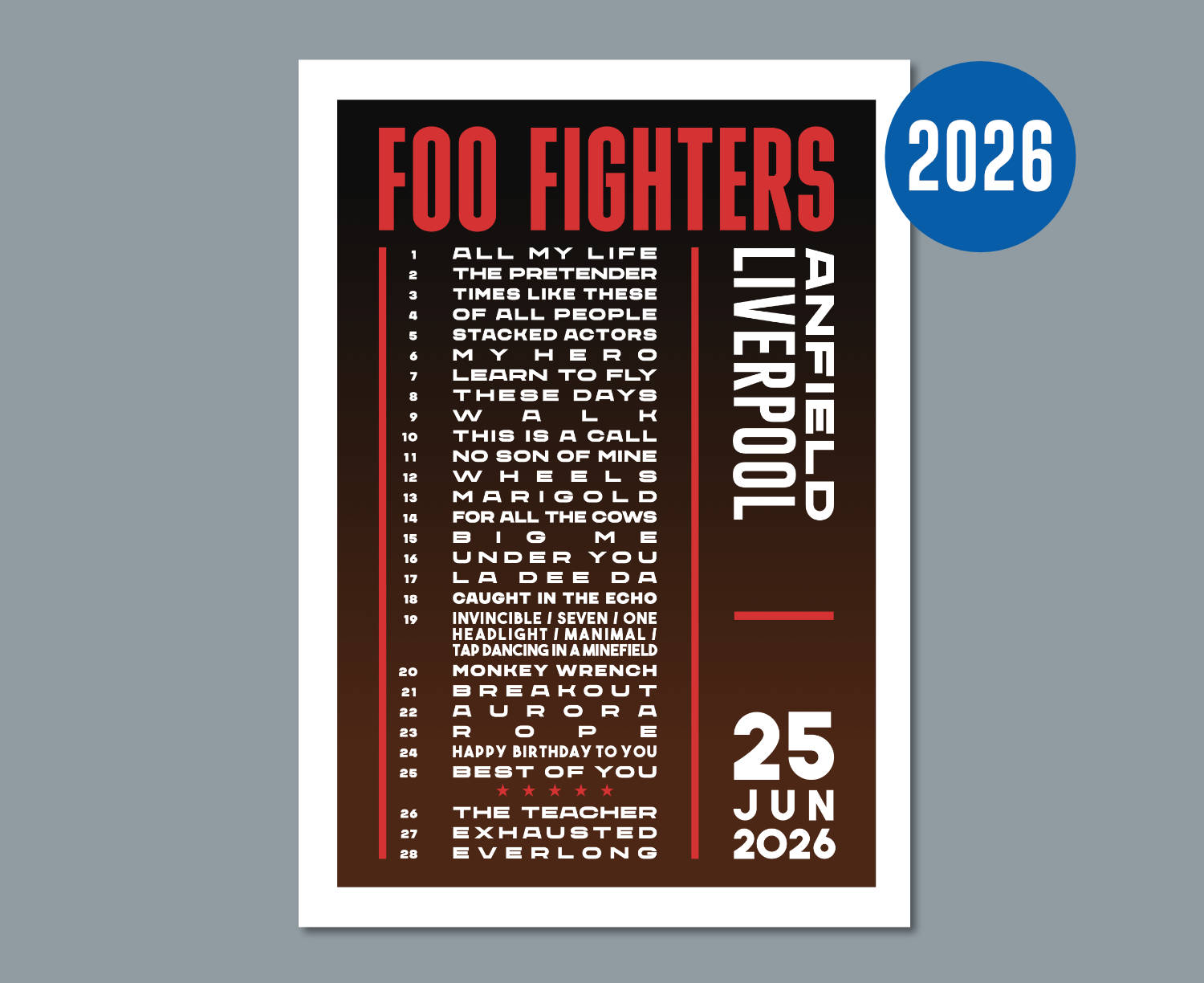 Foo Fighters 2026 Anfield Setlist Design