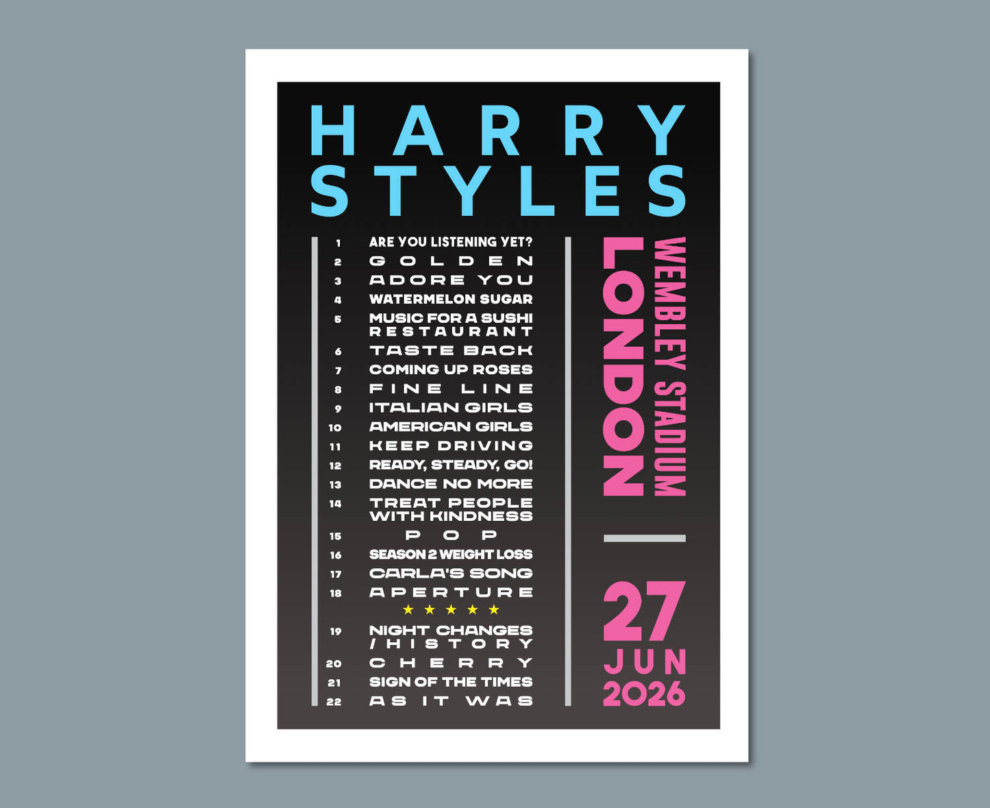 Harry Styles 2026 Wembley Setlist Design