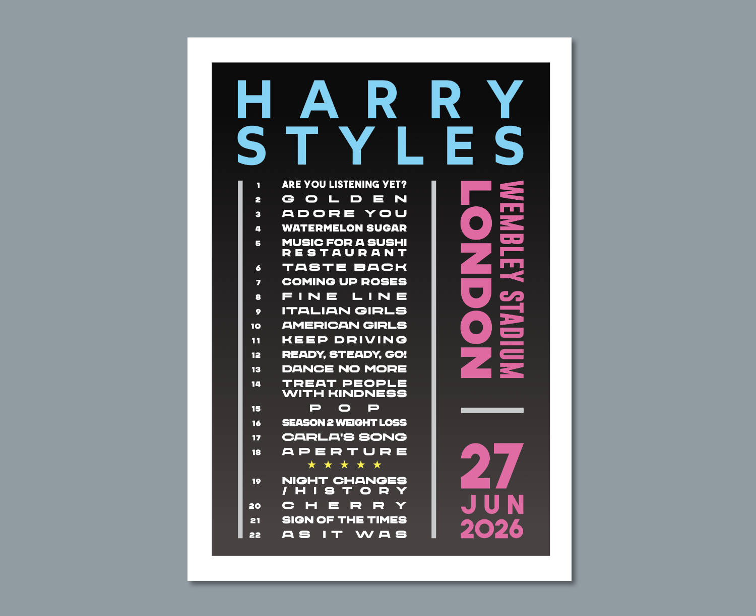 Harry Styles 2026 Wembley Setlist Design