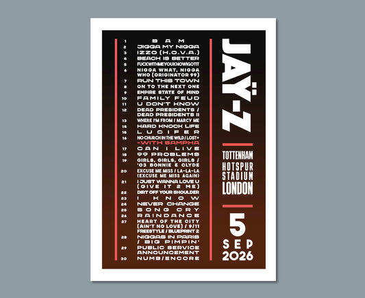 Jay-Z 2026 London Setlist Poster Design