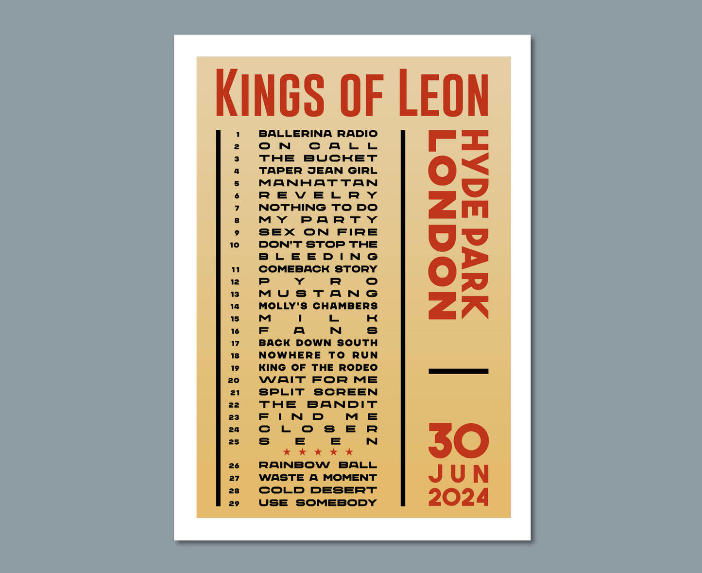 Kings of Leon 2024 UK Tour Setlist Poster