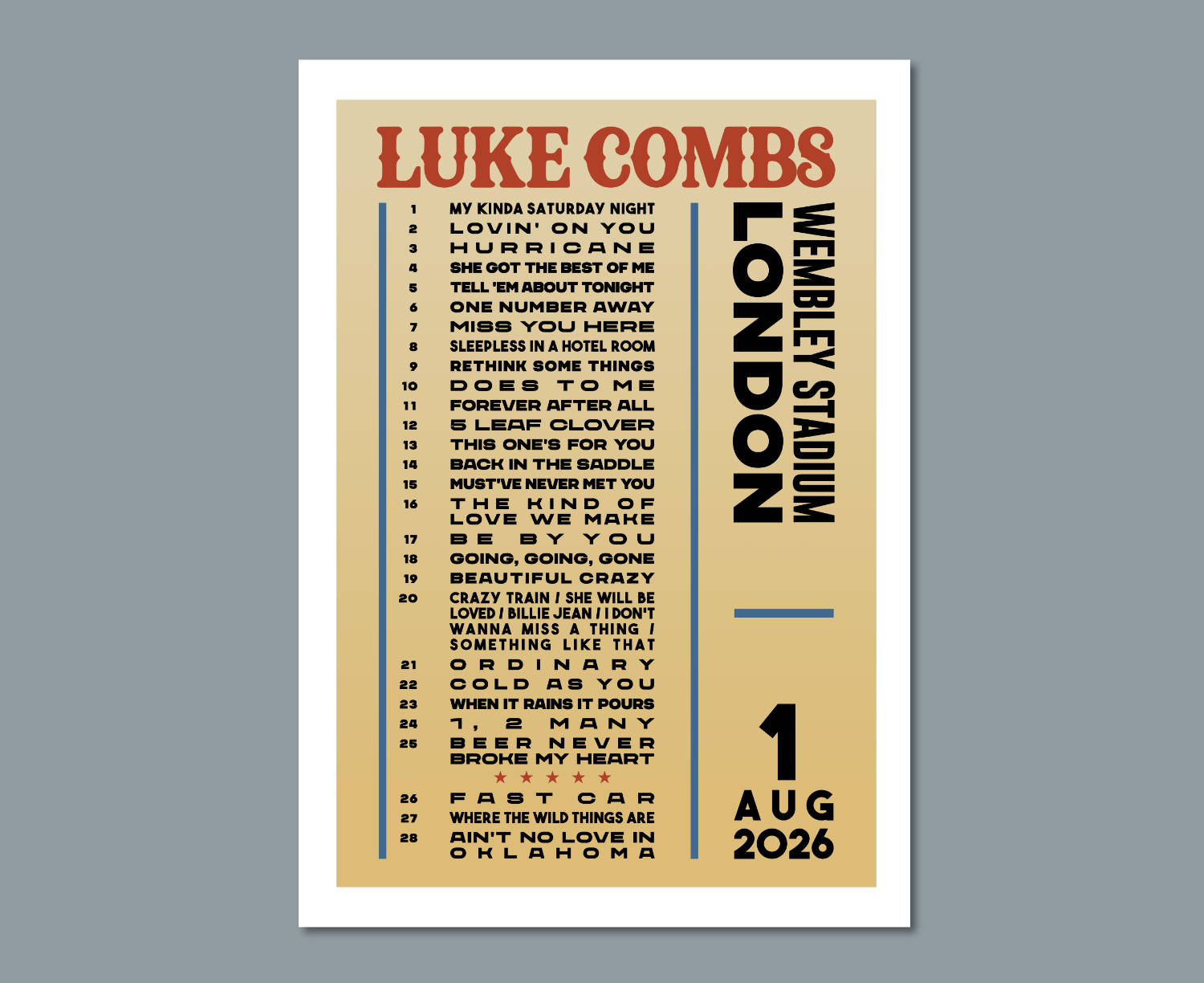 Luke Combs Wembley Stadium 1 August 2026 Setlist Poster Design