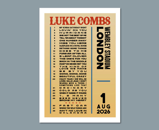 Luke Combs Wembley Stadium 1 August 2026 Setlist Poster Design