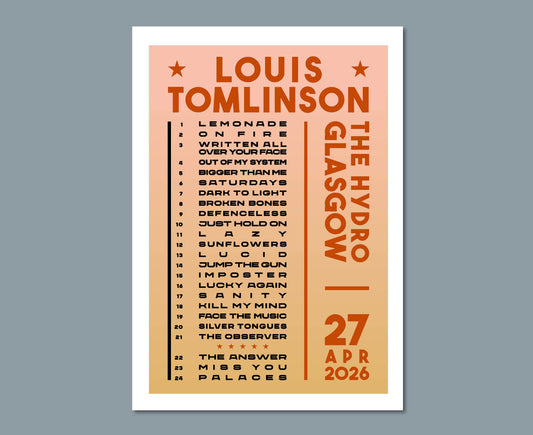 Louis Tomlinson 2026 Tour Setlist Poster Print Design – Glasgow date