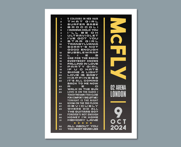 McFly 2024 UK Tour Setlist Poster – London O2 Arena Print – Type Shift ...