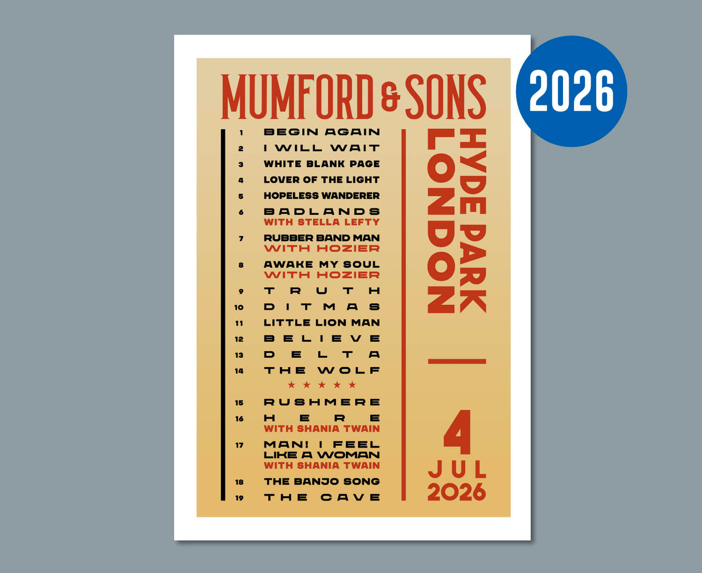 Mumford & Sons 2026 Hyde Park Setlist Poster