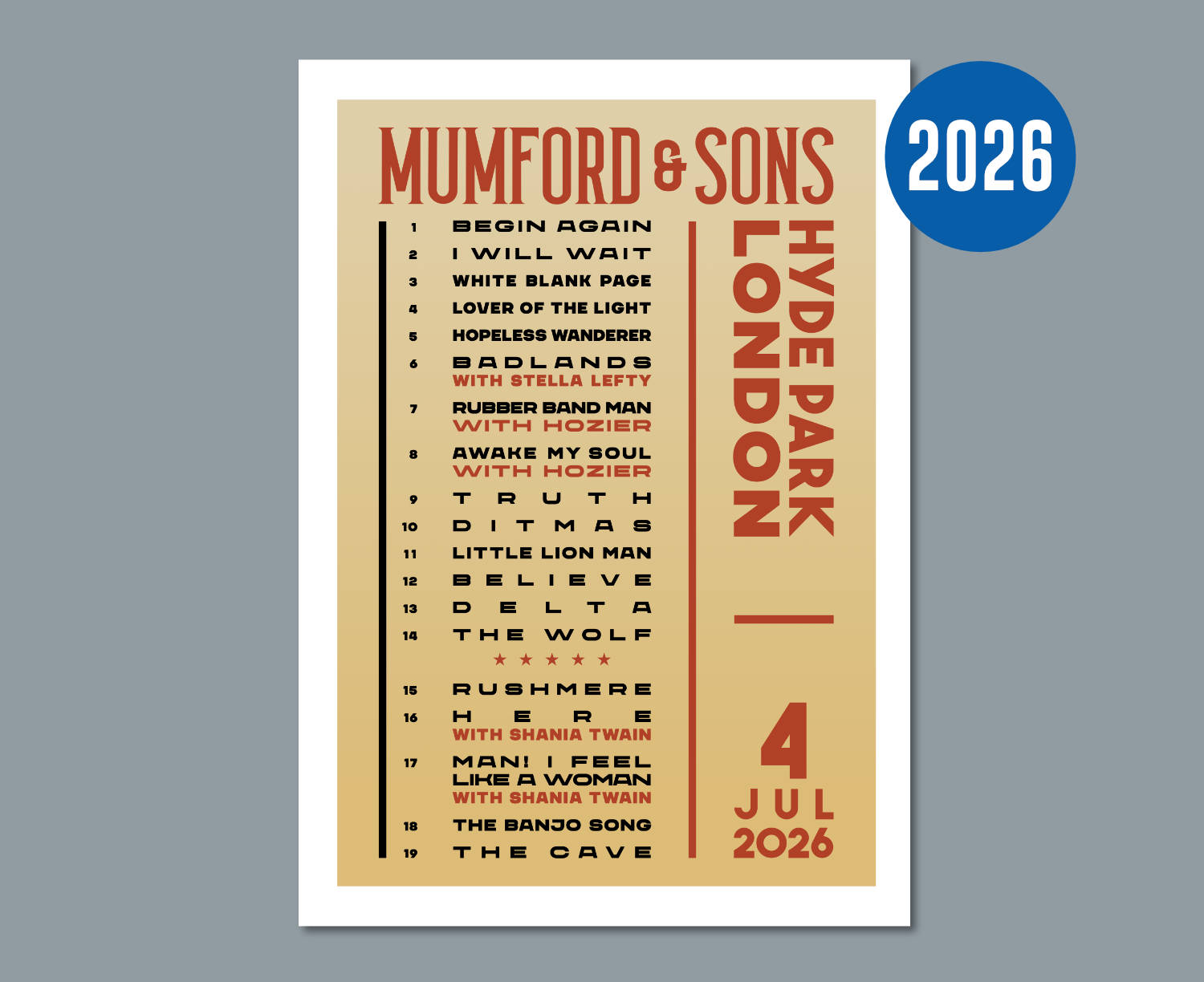 Mumford & Sons 2026 Hyde Park Setlist Poster