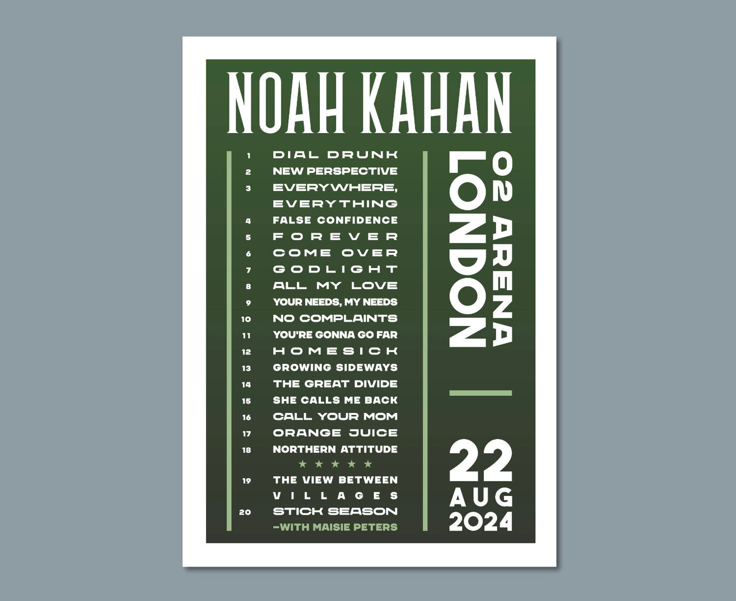 Noah Kahan 2024 Tour Setlist Poster design