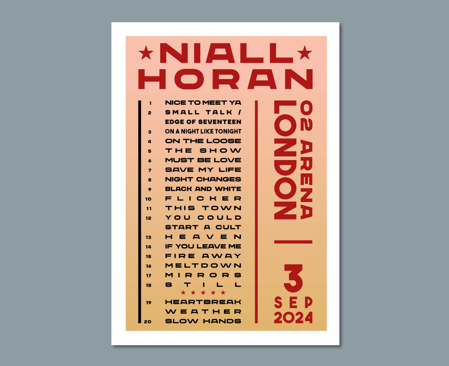 Niall Horan 2024 UK Tour Setlist Poster