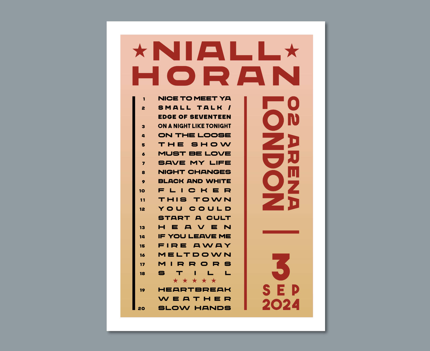 Niall Horan 2024 UK Tour Setlist Poster