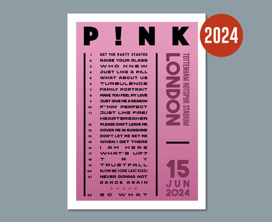 Pink 2024 UK Tour Setlist Poster