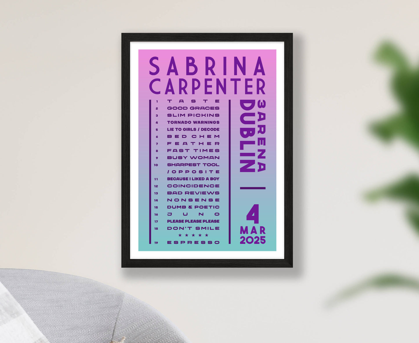 Sabrina Carpenter 2025 Tour Setlist Poster