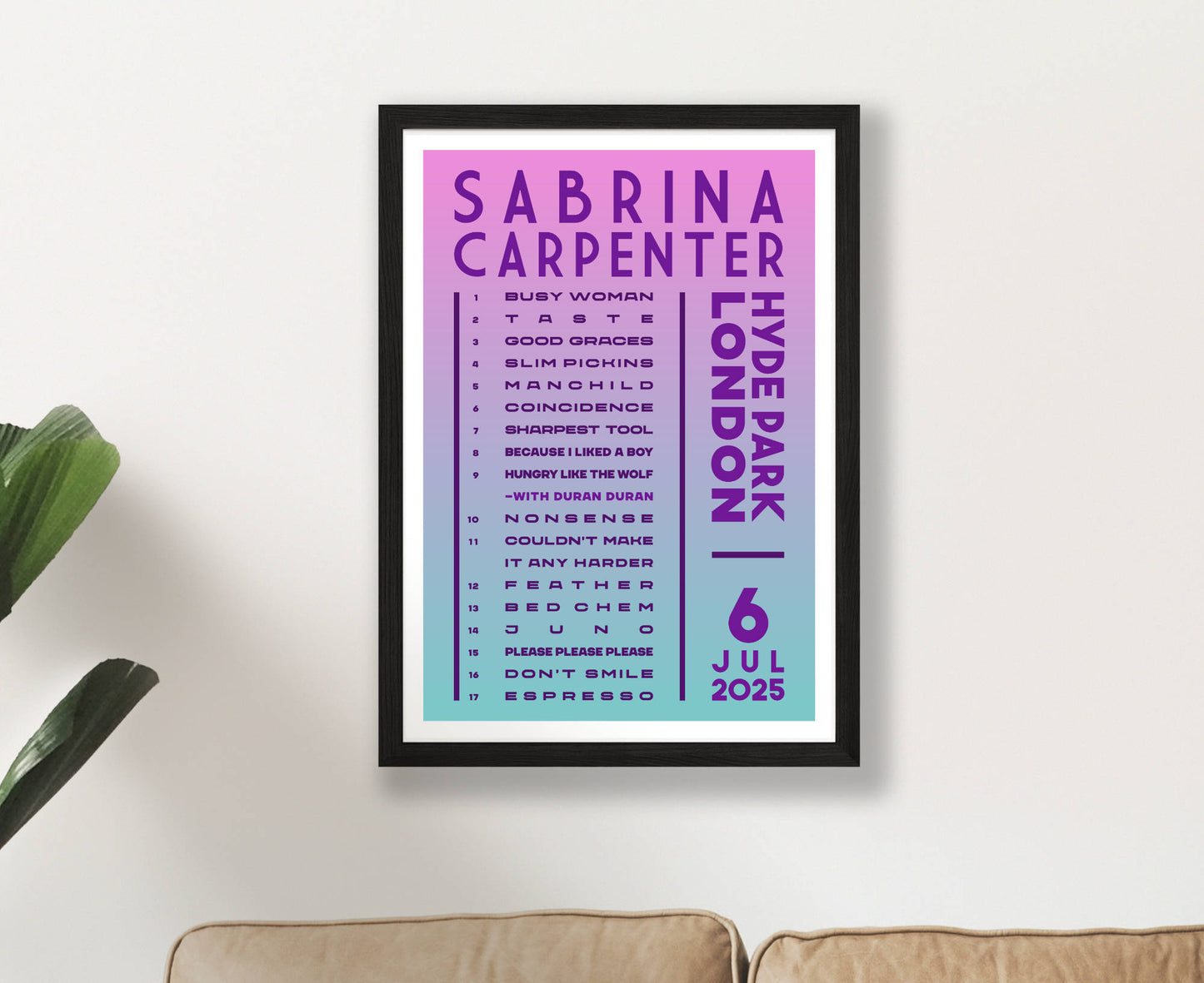 Sabrina Carpenter 2025 Tour Setlist Poster