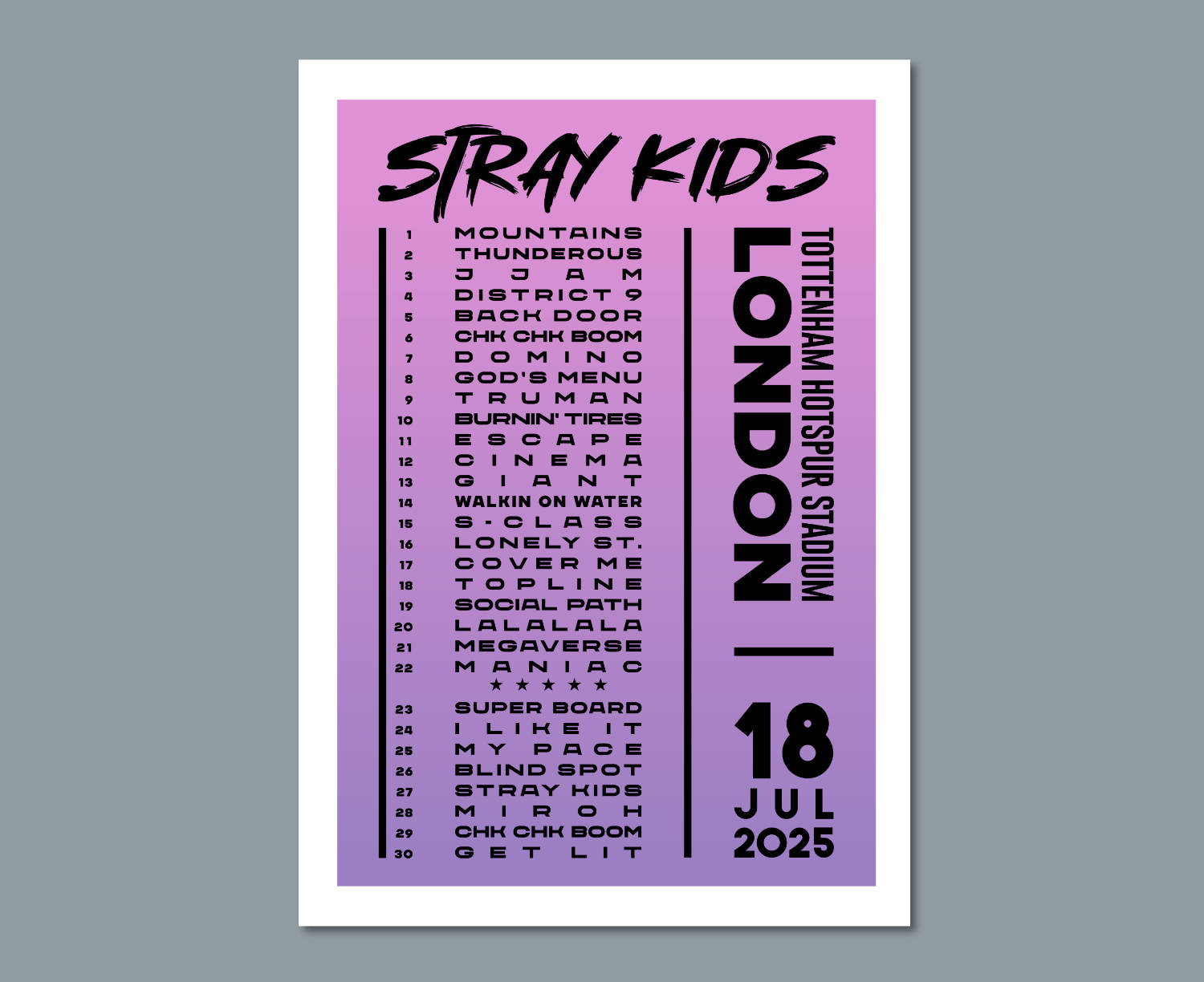 Stray Kids 2025 UK Setlist Poster – Stadium London K-Pop Gig