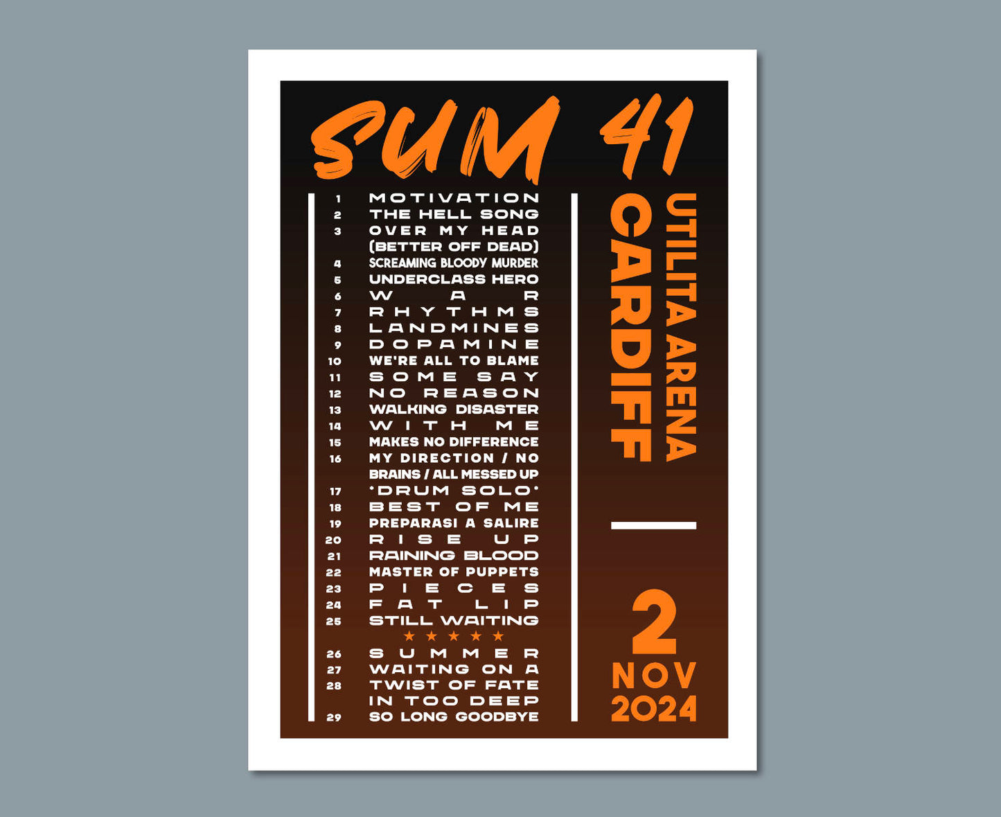 Sum 41 2024 UK Tour Setlist Poster Design