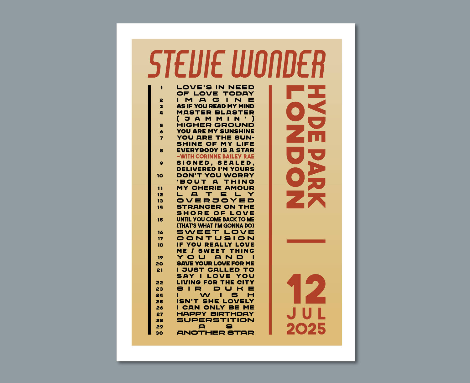 Stevie Wonder 2025 Tour Setlist Poster Design