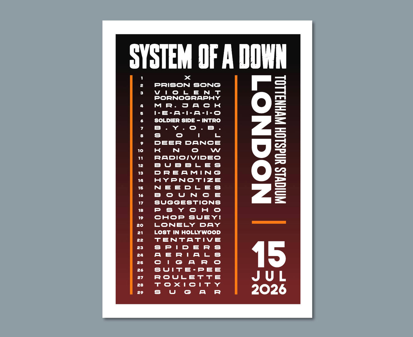 System of a Down 2026 London Setlist Design
