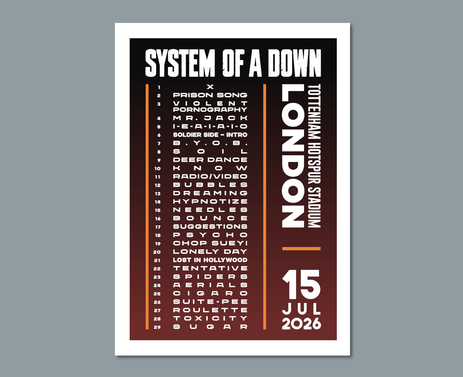 System of a Down 2026 London Setlist Design
